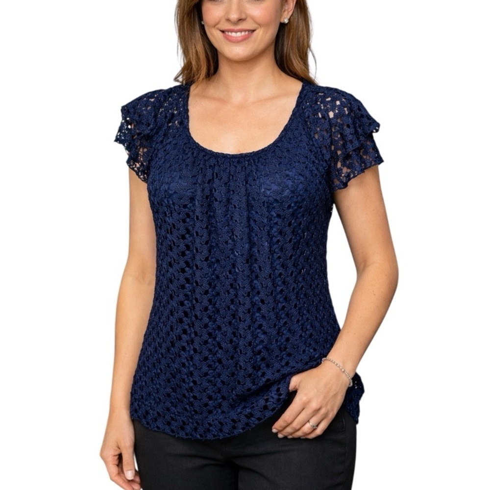 Roz & Ali Medium Navy Blue Lace Ruffle Cap Sleeve Blouse Office Cottagecore